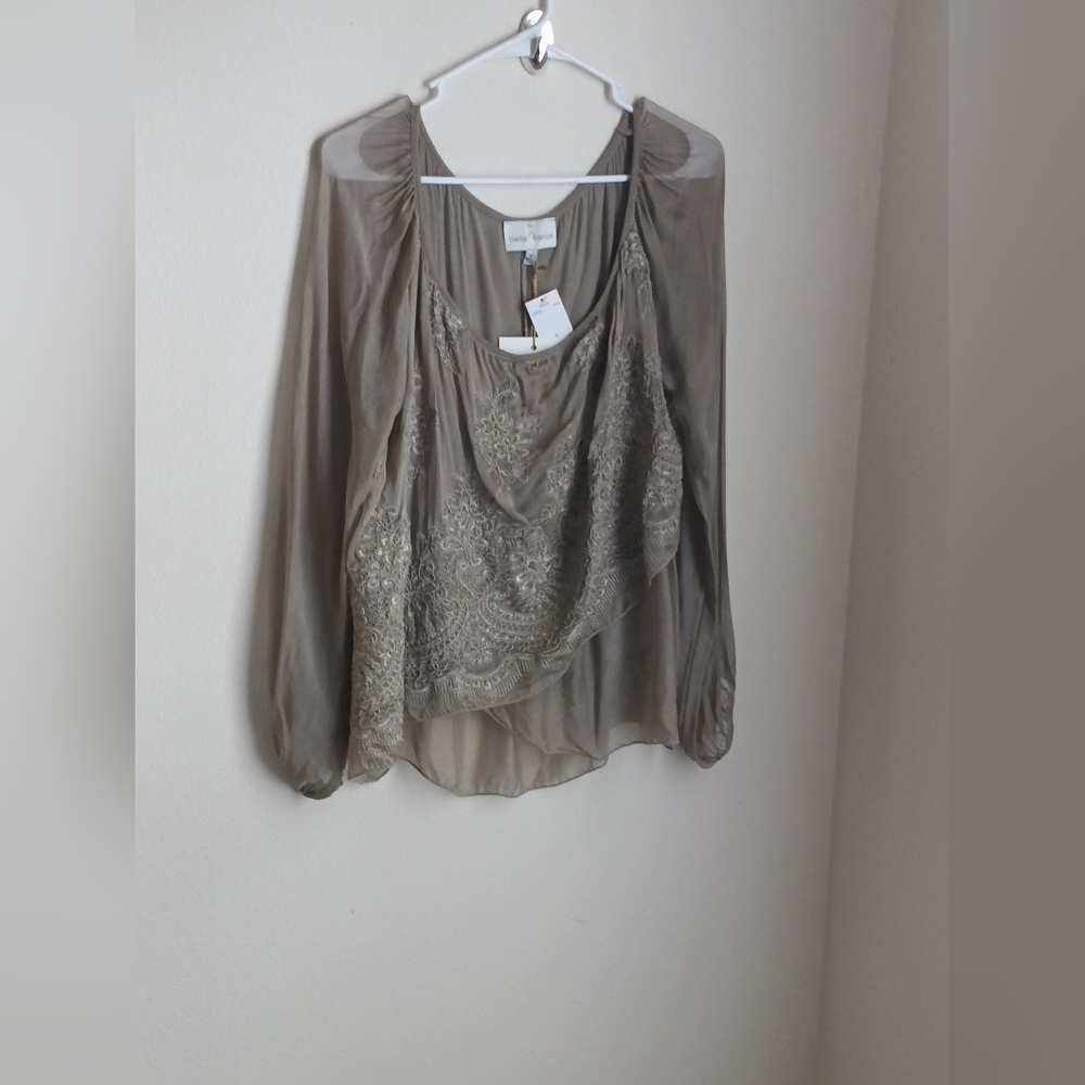 Belle France Blouse Women Small Taupe Silk Blend Embroidered Preppy Italy Y2K
